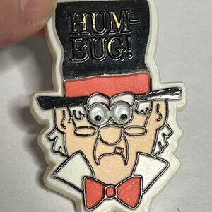 VTG Scrooge HUM-BUG! Googly Eyes Black Top Hat Spectacles Bow Tie Pin 1.5"x2.25"